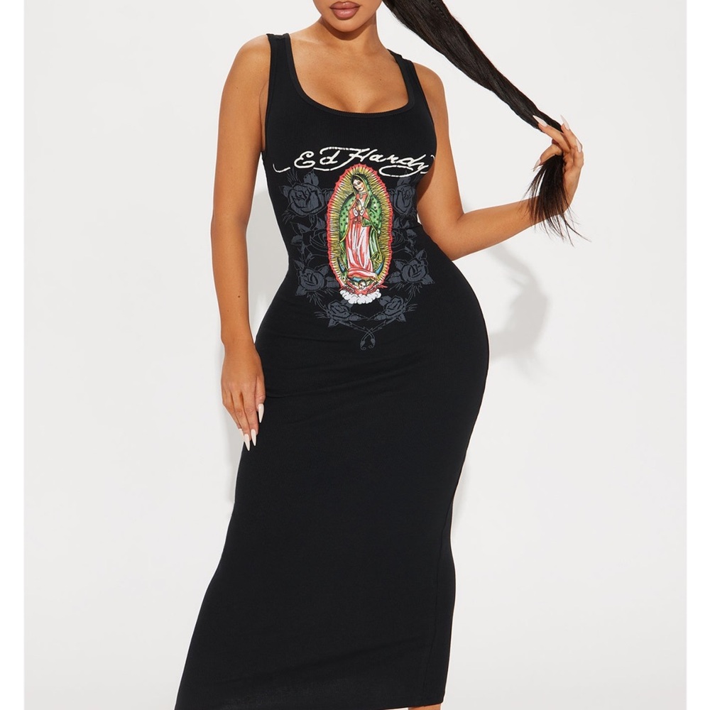Ed Hardy Black Graphic Midi Dress